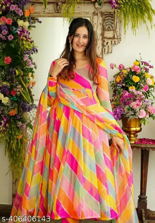 Georgette floral printed women's wedding gown with dupatta, long sleeves, vibrant colors, India origin