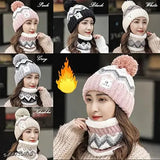 Pink wool beanie hat & scarf set, embellished design for autumn-winter sports