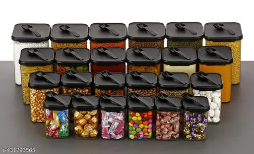 24 pcs unbreakable, BPA-free square shape kitchen storage containers. Ideal for food and grain up to 650ml, stackable & modular. Perfect for masala, rice, or freezer use