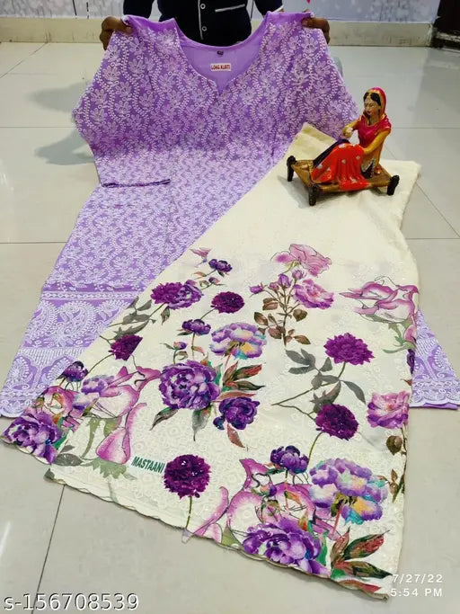 Pure cotton Chikan embroidered Luknawi kurtis with digital print, available in sizes M to 4XL