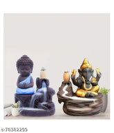 Handcrafted blue and gold resin Buddha & Ganesha smoky waterfall showpiece, includes 20 free incense cones for home decoration or gifting