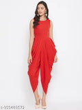 Red crepe dhoti jumpsuit, sleeveless, solid pattern, Indian women's fashion