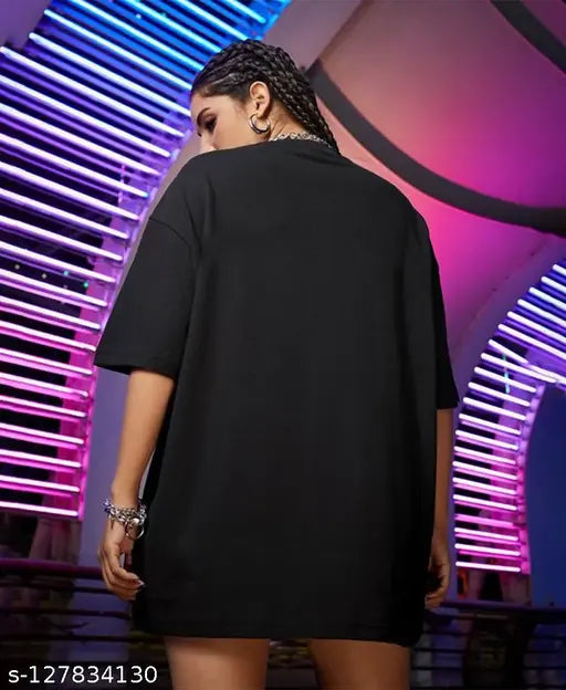 Cotton blend oversized t-shirt for women, black with trendy typography print - A Style For Every Story