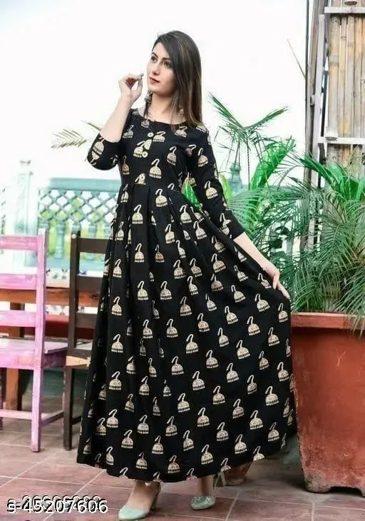 Jumki Black Print Rayon Anarkali Gown for daily use, three-quarter sleeves, printed combo. Indian-origin fashion wear