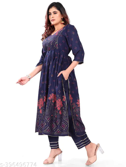 Rayon Nyra Cut Kurti Pant with side pocket, printed net design, three-quarter sleeves, V-neckline, calf-length, India