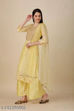 Yellow Chanderi Cotton Kurta Set with Palazzo and Dupatta, embellished with sequins and lace, perfect for party wear in India
