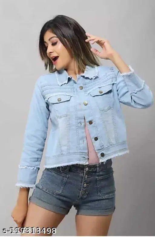 Stylish denim three-quarter sleeve waistcoat for women, solid pattern, size S (bust 34in, length 20in), made in India