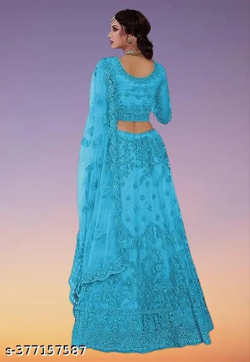Sky blue embroidered net lehenga set, semi-stitched with 42m waist and 44m length