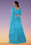 Sky blue embroidered net lehenga set, semi-stitched with 42m waist and 44m length