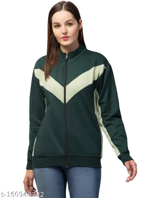 Dark green striped fleece zipper jacket, perfect for women's fashion events. Indian-designed, comfortable fleece material