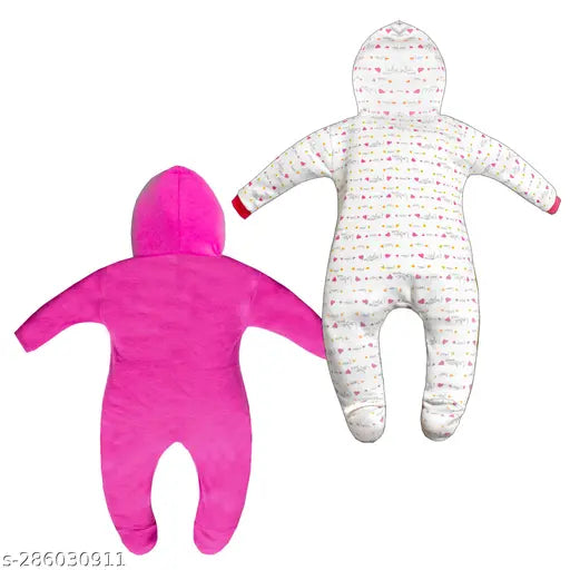 Cotton VParents Zoey hooded full sleeve rompers, comfortable and easy to dress, pack of 2 for baby boys & girls, solid color designs