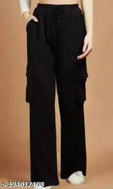 Black cotton blend solid bellbottom joggers - trendy women's pants, comfortable and practical for everyday wear