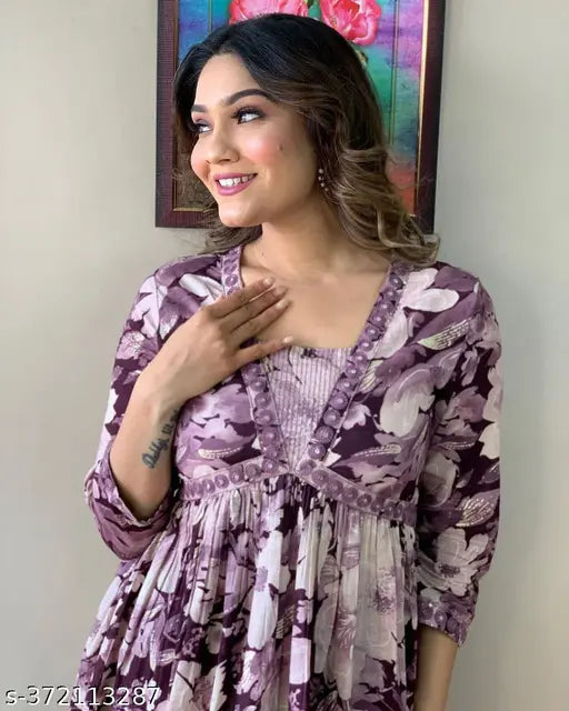 Rayon, three-quarter sleeve, printed Aasu Fashion women's kurta and plazo with dupatta set for daily and festival use, purpal multi color Aliya cut design