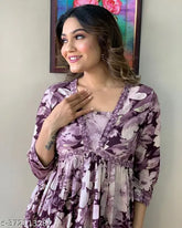Rayon, three-quarter sleeve, printed Aasu Fashion women's kurta and plazo with dupatta set for daily and festival use, purpal multi color Aliya cut design