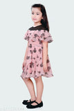 Peach black chiffon dress with short sleeves and printed net pattern for kids (4-14 years)