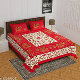 Red cotton Jaipuri flat sheets, vibrant 'Red Gangaur' pattern for summer adult use, two pillow covers included