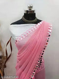 Georgette Mirror Satara saree with separate Art Silk blouse, embellished party wear, free size, India origin