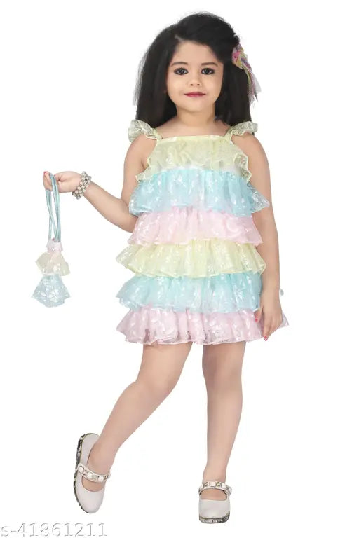 Multicolor party wear dress for girls, net fabric with shoulder straps, self-design, bright & trendy kids outfit from Elza enterprise, India
