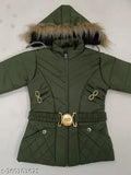 Dark green PU trendy winter jacket for girls - insulated, waterproof, and wind-resistant