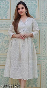 Cotton three-quarter sleeve Chikankari pattern single kurti, fabulous woman's clothing from India