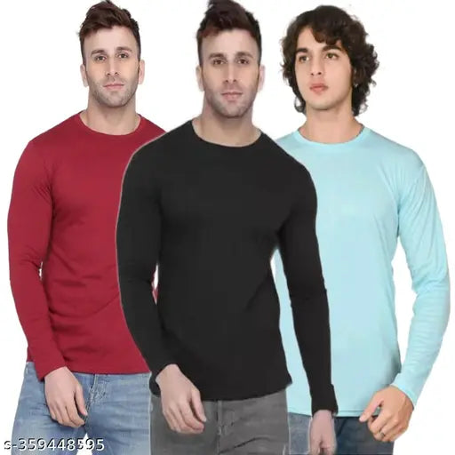 Nylon full sleeve t-shirts, pack of 3 - Solid color, men's round neck style, perfect summer wear