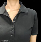 Black cotton-blend polo t-shirt, short sleeves, solid design, versatile essential for women & girls