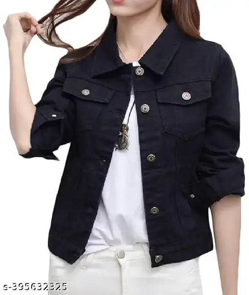 Women's black cotton-blend denim jacket, solid pattern, long sleeves, XL size (bust 40in, length 21in), India origin