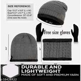 Grey textured woolen beanie cap set with neck warmer-scarf for unisex winter use, soft fur material, fits one size