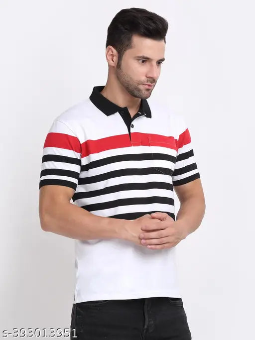Blue and white striped cotton blend polo shirt for men, short sleeves, half collar, size L (42in chest, 28in length), made in India