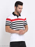 Blue and white striped cotton blend polo shirt for men, short sleeves, half collar, size L (42in chest, 28in length), made in India