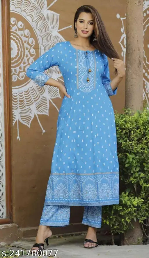 Women's viscose rayon printed Anarkali Palazzo set with three-quarter sleeves, India-origin fashionable attire on mannequin