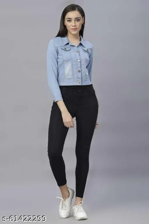 Light blue denim women's jacket, long sleeves, stylish and comfortable, made in India