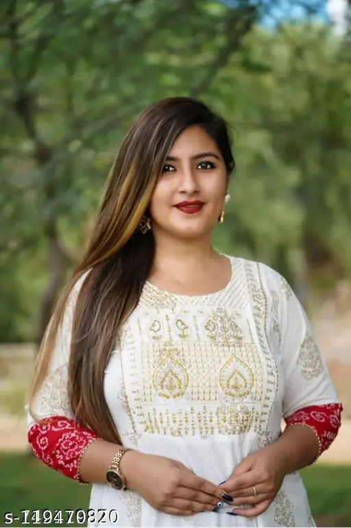 White rayon anarkali kurta with floral embroidery, three-quarter sleeves, Radhika Creation's latest design from India