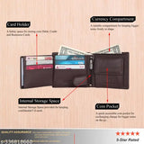 Brown genuine leather RFID wallet with 9 card slots, 2 transparent windows, 2 currency compartments, and 1 coin pocket for men's formal events