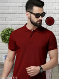 Stylish maroon polo dot knit cotton blend t-shirt for men and women, solid design on short sleeves