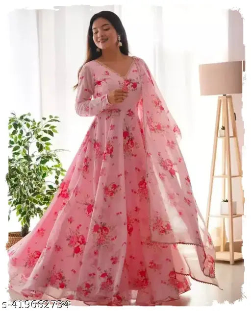 Flower print Georgette kurti set with dupatta, long sleeves, no bottomwear, printed pattern on display