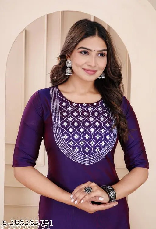 Art Silk wine purple A-line kurta for women, knee length with three-quarter sleeves and round neck