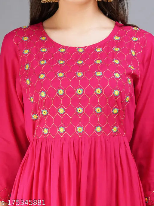 Rayon embroidered women's anarkali kurta for festivals and parties, three-quarter sleeves, L size (bust 40 in, length 48 in)