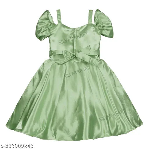 Silver satin flare knee-length frock dress with shoulder straps, featuring solid pattern for girls (6-9M, 9-12M, 2-3Y), India origin