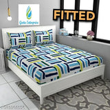 Geeta Enterprise cotton geometric fitted double bedsheet & 2 pillow covers - summer-ready, 220 thread count, elastic border for neat fit