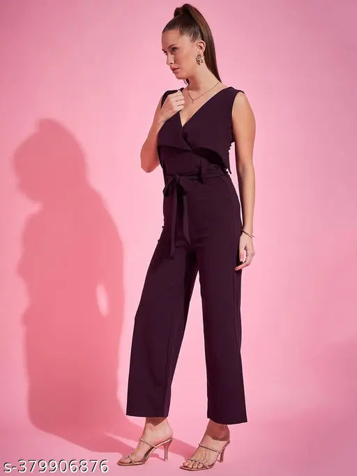 V neck polycotton full length jumpsuit with belt, solid design for women's fashion