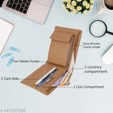 Trendy men's beige faux leather wallet (mini, 9 card slots), solid pattern with secret compartments and zip pocket for coins, gift box included