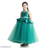Green net full-length girls party wear dress, vibrant teal blue design for kids' events (1-12 years)