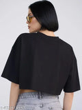 ThankUBlack cotton half sleeve cropped T-shirt, black round neck drop shoulder crop top for women's casual summer wear