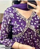 Purple rayon aliya cut kurta set with dupatta and bottomwear, printed pattern, three-quarter sleeves, full pastel color