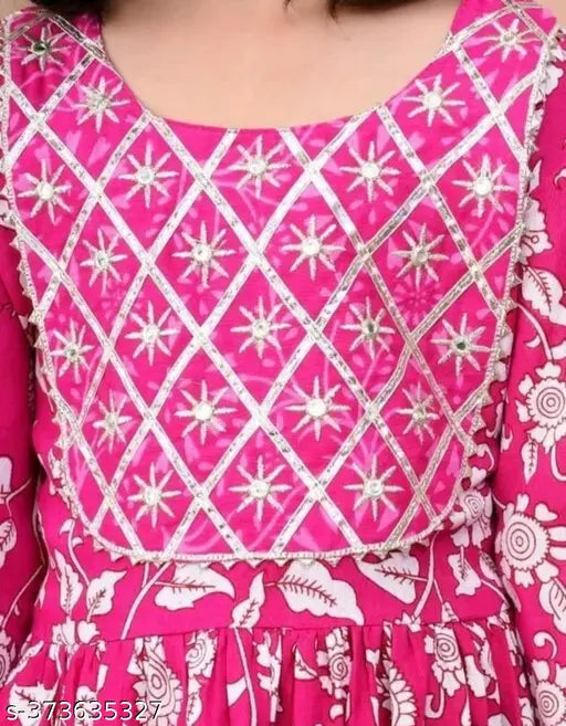Rayon-rayon Kurti-sharara-dupatta set, printed with floral motifs and heavy gota lace, matching cotton dupatta, for 7-8 years old girls