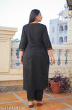 Black cotton kurta set with printed chikankari design, three-quarter sleeves, and dupatta, perfect for Indian ethnic wear