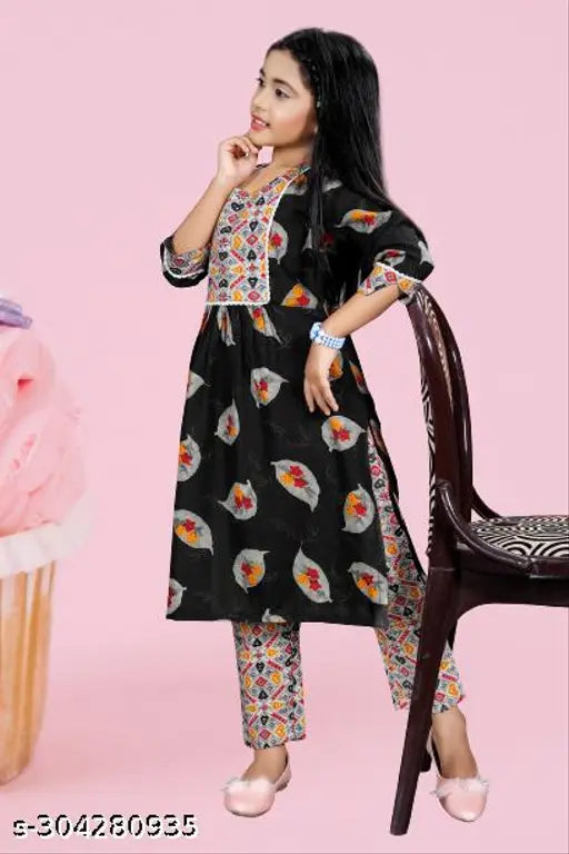 Printed cotton Reyon top and trousers set for kids girls, A-line shape with three-quarter sleeves, Indian origin