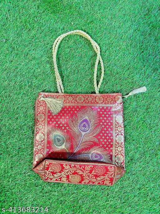 Red embellished Banarasi brocade handbag, sophisticated double compartment for women, golden handle from The Cloth Farmer (Made in India)