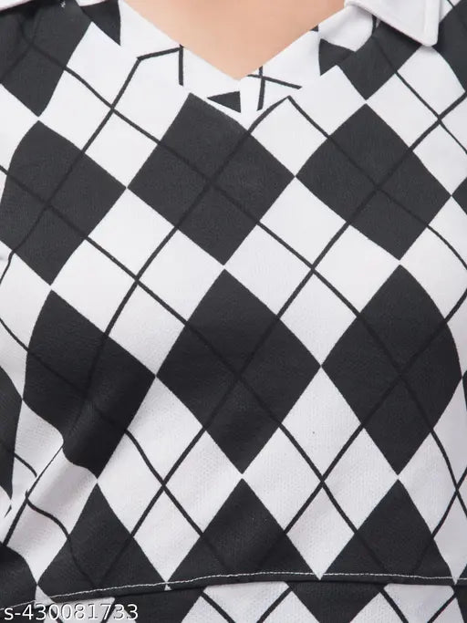 Checked cotton-blend long sleeve women's t-shirt, all-over print, India origin